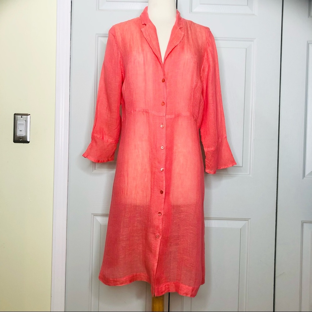 Eileen Fisher Linen Sheer 3/4 Sleeves Button Down Shirt Dress Size S